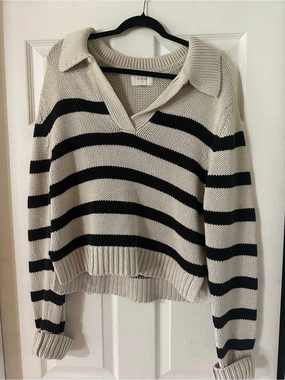 DISSH Cream & Black Striped V‑Neck Collared Sweater